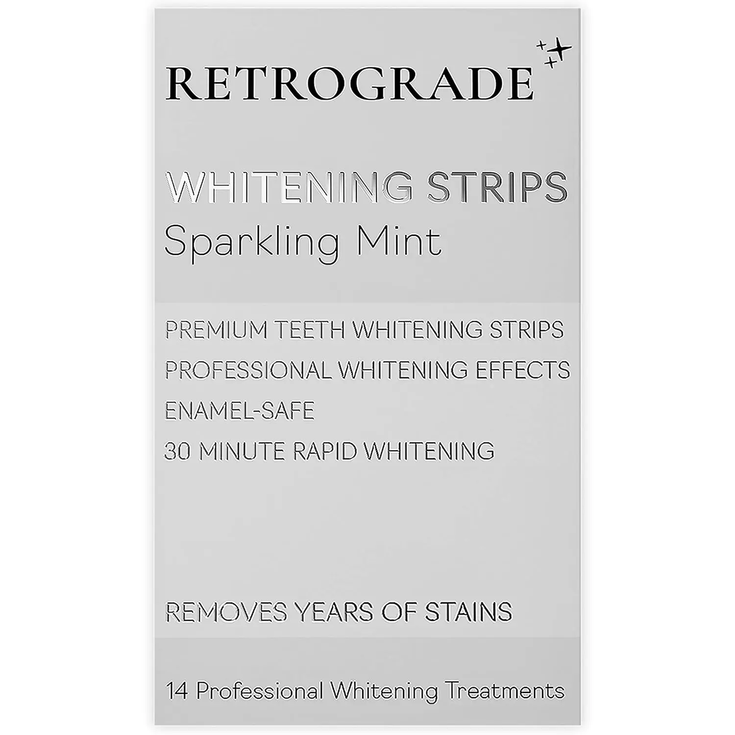 Adult teeth whitening strips by Retrograde Skin Care for a 14-day treatment, offering a premium mint-flavored experience for a brighter smile.