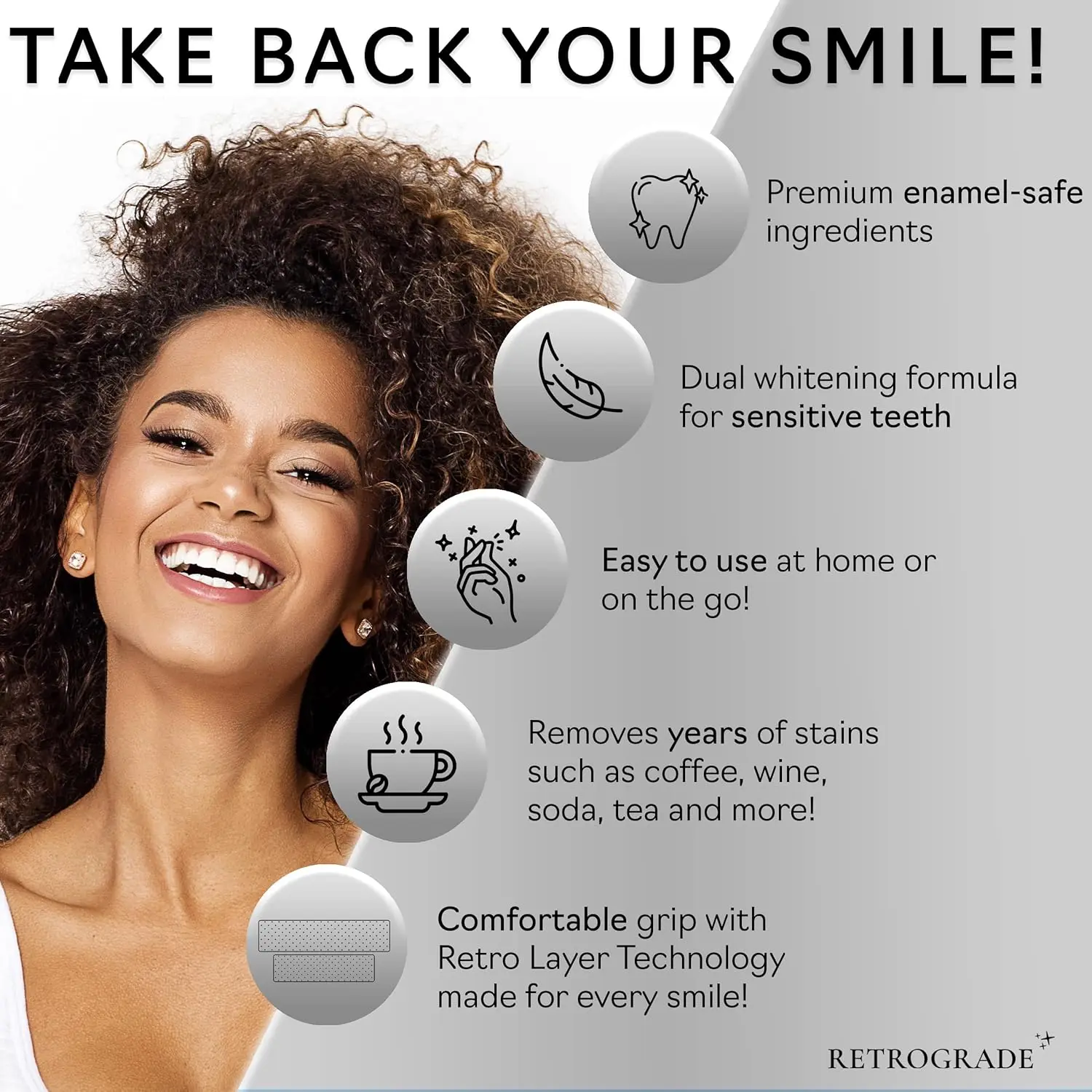Adult teeth whitening strips by Retrograde Skin Care for a 14-day treatment, offering a premium mint-flavored experience for a brighter smile.