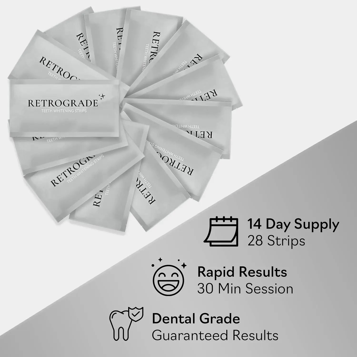 Adult teeth whitening strips by Retrograde Skin Care for a 14-day treatment, offering a premium mint-flavored experience for a brighter smile.