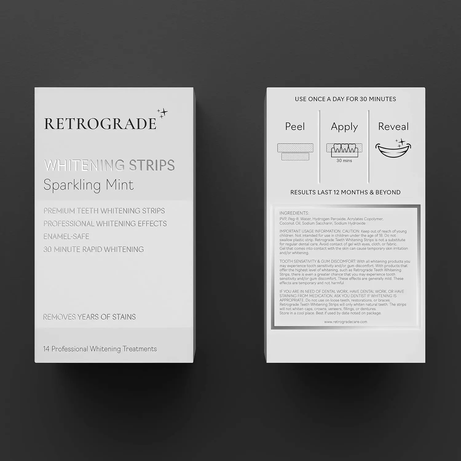 Adult teeth whitening strips by Retrograde Skin Care for a 14-day treatment, offering a premium mint-flavored experience for a brighter smile.