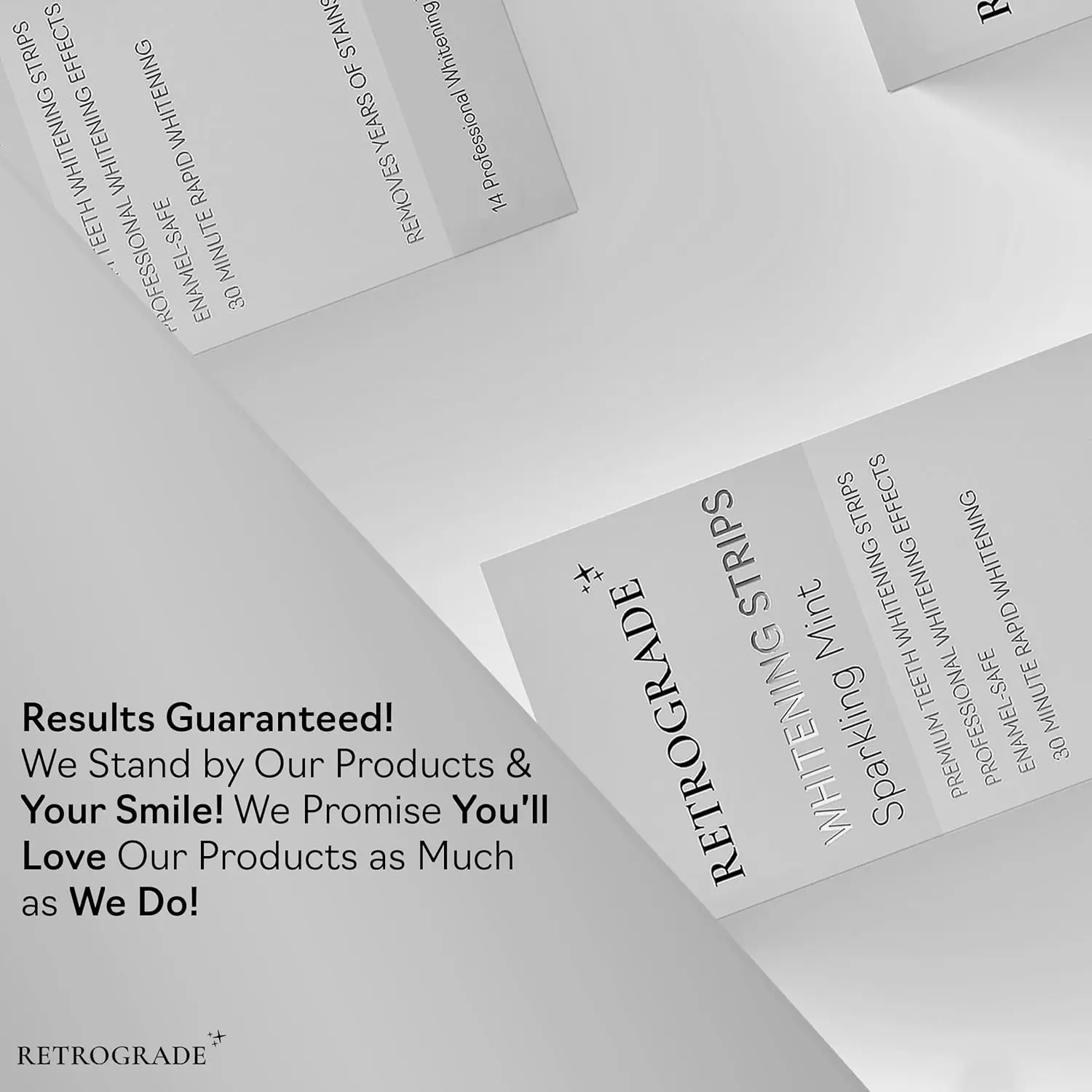 Adult teeth whitening strips by Retrograde Skin Care for a 14-day treatment, offering a premium mint-flavored experience for a brighter smile.