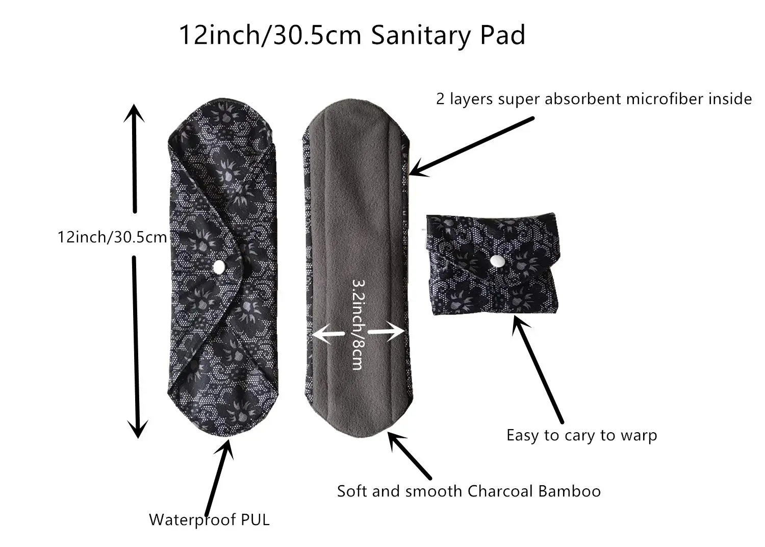 Six 12-inch MUMBABY reusable charcoal bamboo cloth menstrual pads for heavy flow, a sustainable and comfortable alternative to disposable sanitary napkins.