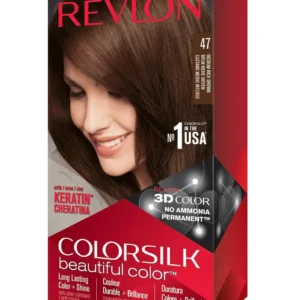 A box of REVLON Colorsilk permanent hair color in Rich Brown shade 47.