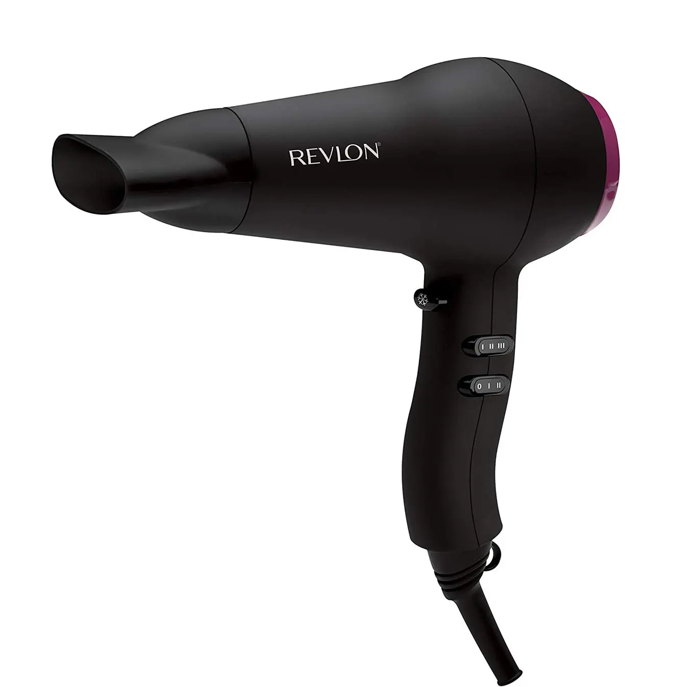 The Revlon Fast and Light Hair Dryer in black boasts 2000 watts for quick drying, ionic ceramic grille for frizz control, and includes a smoothing concentrator.