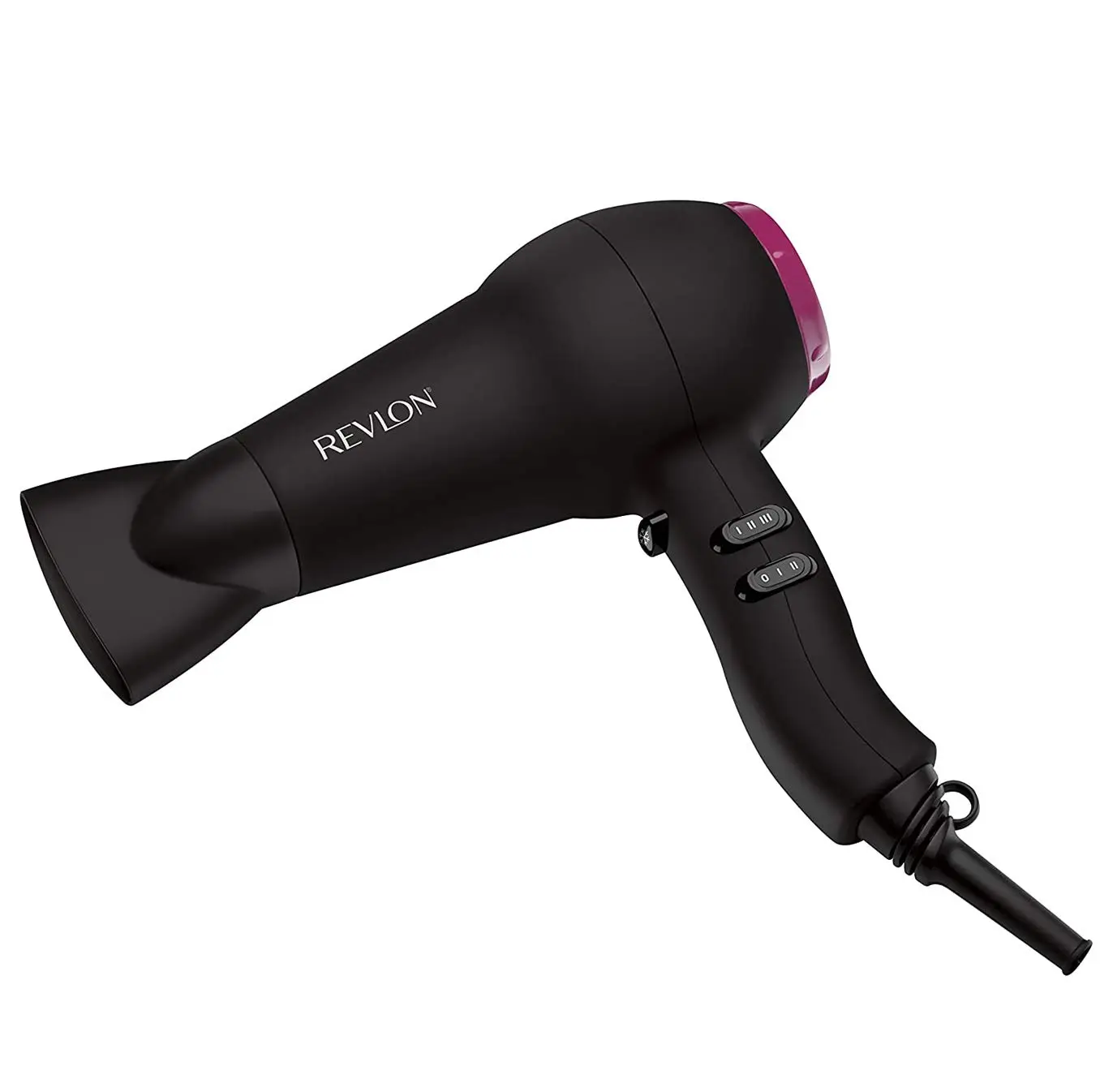 The Revlon Fast and Light Hair Dryer in black boasts 2000 watts for quick drying, ionic ceramic grille for frizz control, and includes a smoothing concentrator.