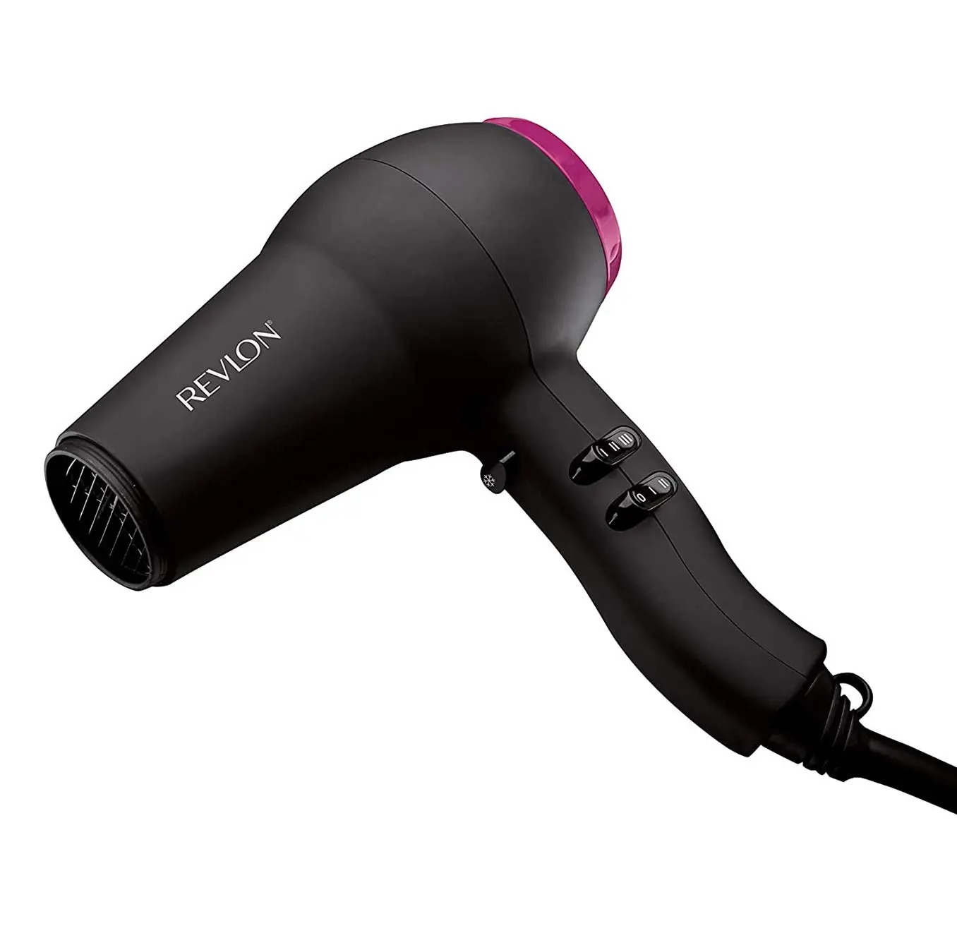 The Revlon Fast and Light Hair Dryer in black boasts 2000 watts for quick drying, ionic ceramic grille for frizz control, and includes a smoothing concentrator.