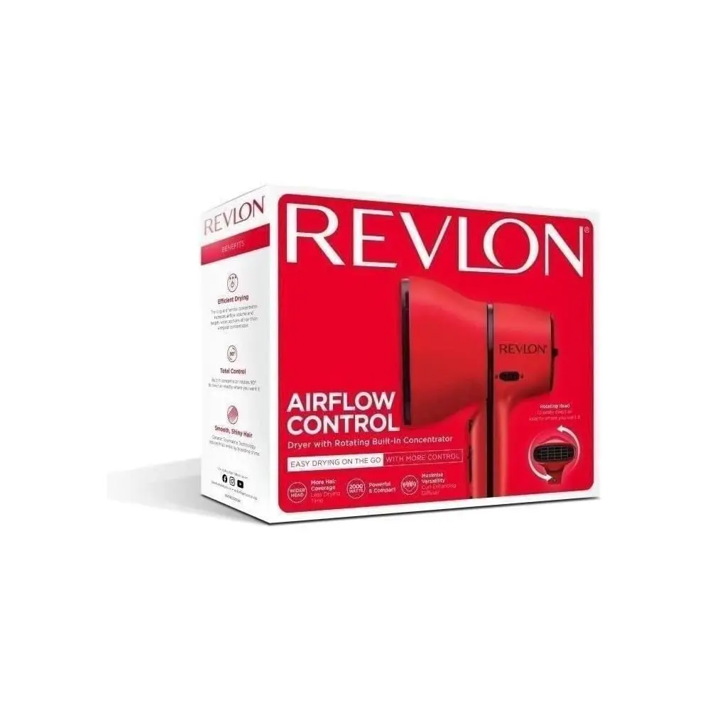 The Revlon Fast and Light Hair Dryer in black boasts 2000 watts for quick drying, ionic ceramic grille for frizz control, and includes a smoothing concentrator.