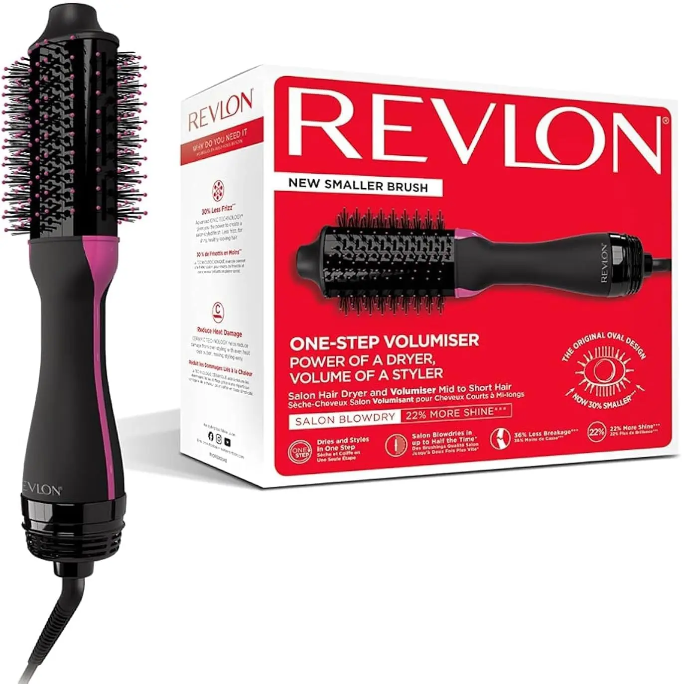 The Revlon One-Step hair dryer and volumizer brush is shown with an included hair separation comb, promising faster drying, less frizz, and healthy shine for medium to long hair.