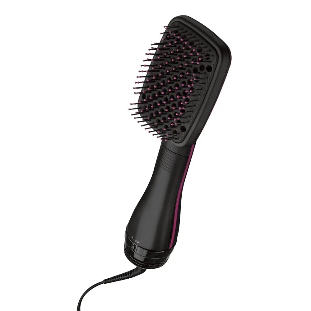 The Revlon One-Step hair dryer and styler features a large paddle design with flexible, tangle-free bristles for smooth, frizz-free results.