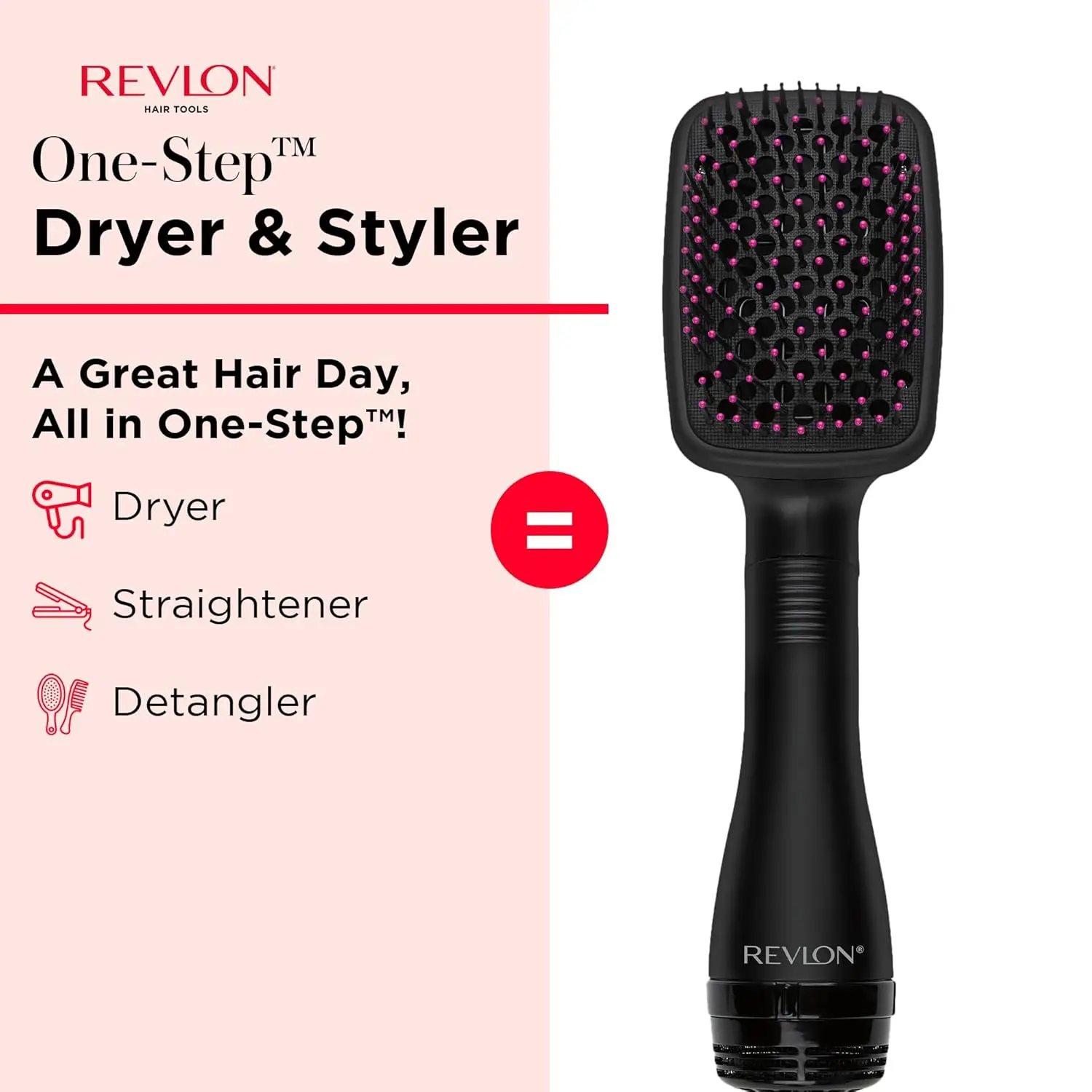 The REVLON One Step Hair Dryer and Styler detangles, dries, and smooths hair for fast, salon-quality results with less frizz.