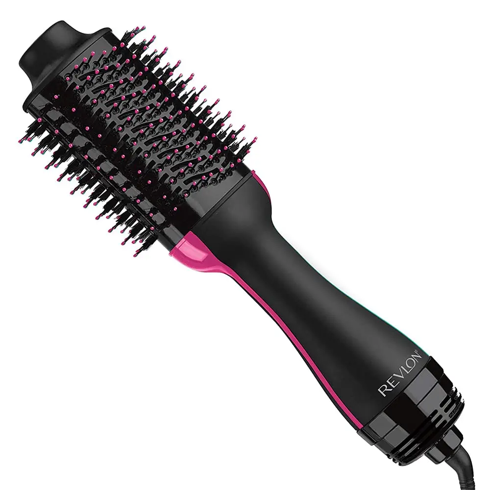 The Revlon One Step Hair Dryer and Volumizer styles, dries, and volumizes hair with less frizz, featuring a unique oval brush for smoothing and creating volume.