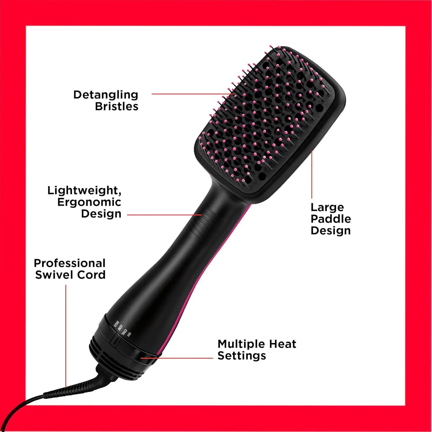 The Revlon One-Step hair dryer and styler features a large paddle design with flexible, tangle-free bristles for smooth, frizz-free results.