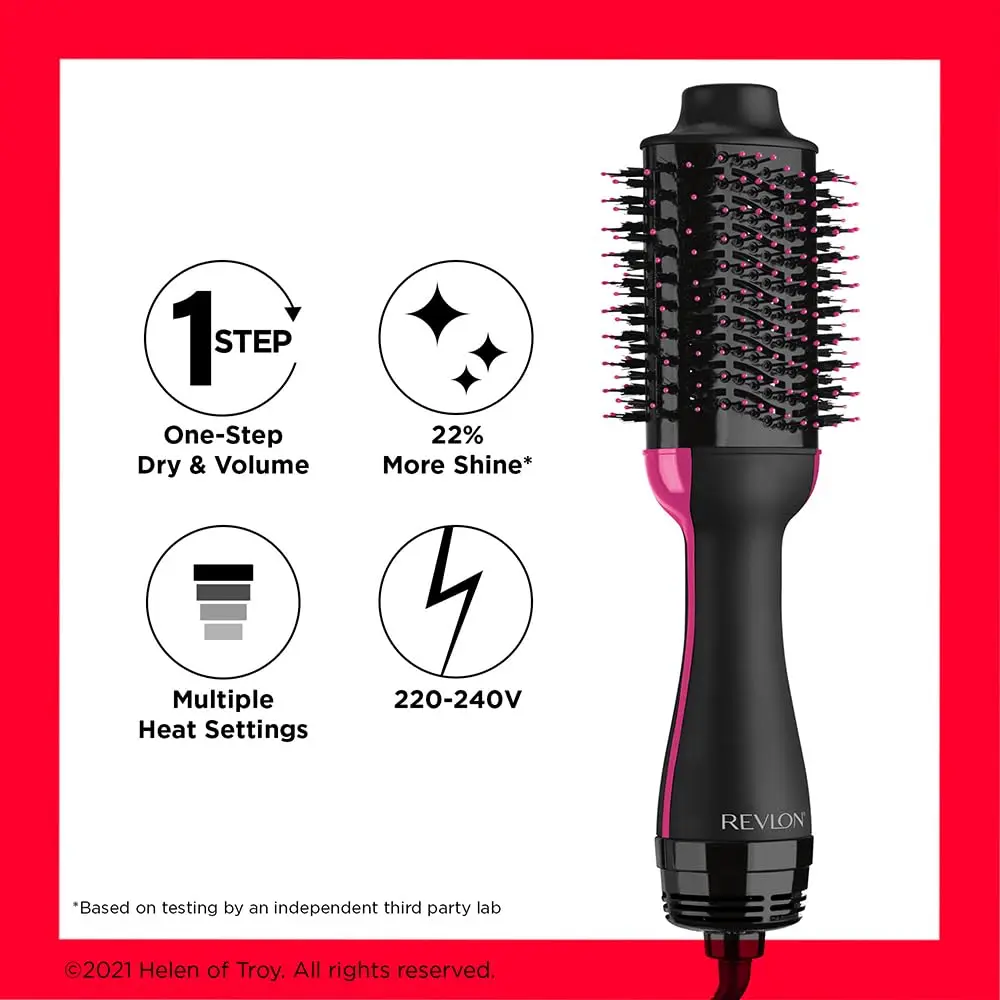 The Revlon One Step Hair Dryer and Volumizer styles, dries, and volumizes hair with less frizz, featuring a unique oval brush for smoothing and creating volume.