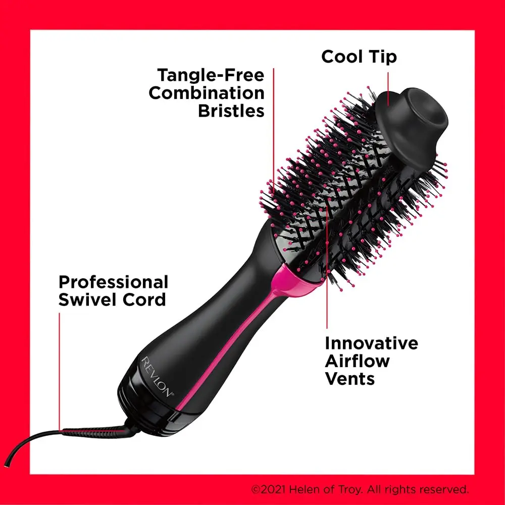 The Revlon One Step Hair Dryer and Volumizer styles, dries, and volumizes hair with less frizz, featuring a unique oval brush for smoothing and creating volume.