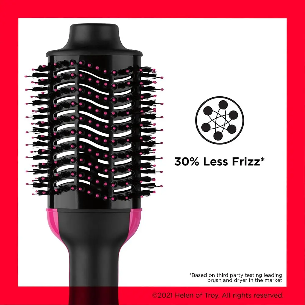 The Revlon One Step Hair Dryer and Volumizer styles, dries, and volumizes hair with less frizz, featuring a unique oval brush for smoothing and creating volume.