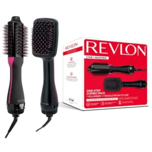 Black Revlon One-Step hair dryer and volumizer brush quickly dries and styles hair with less frizz, thanks to tourmaline ionic technology.