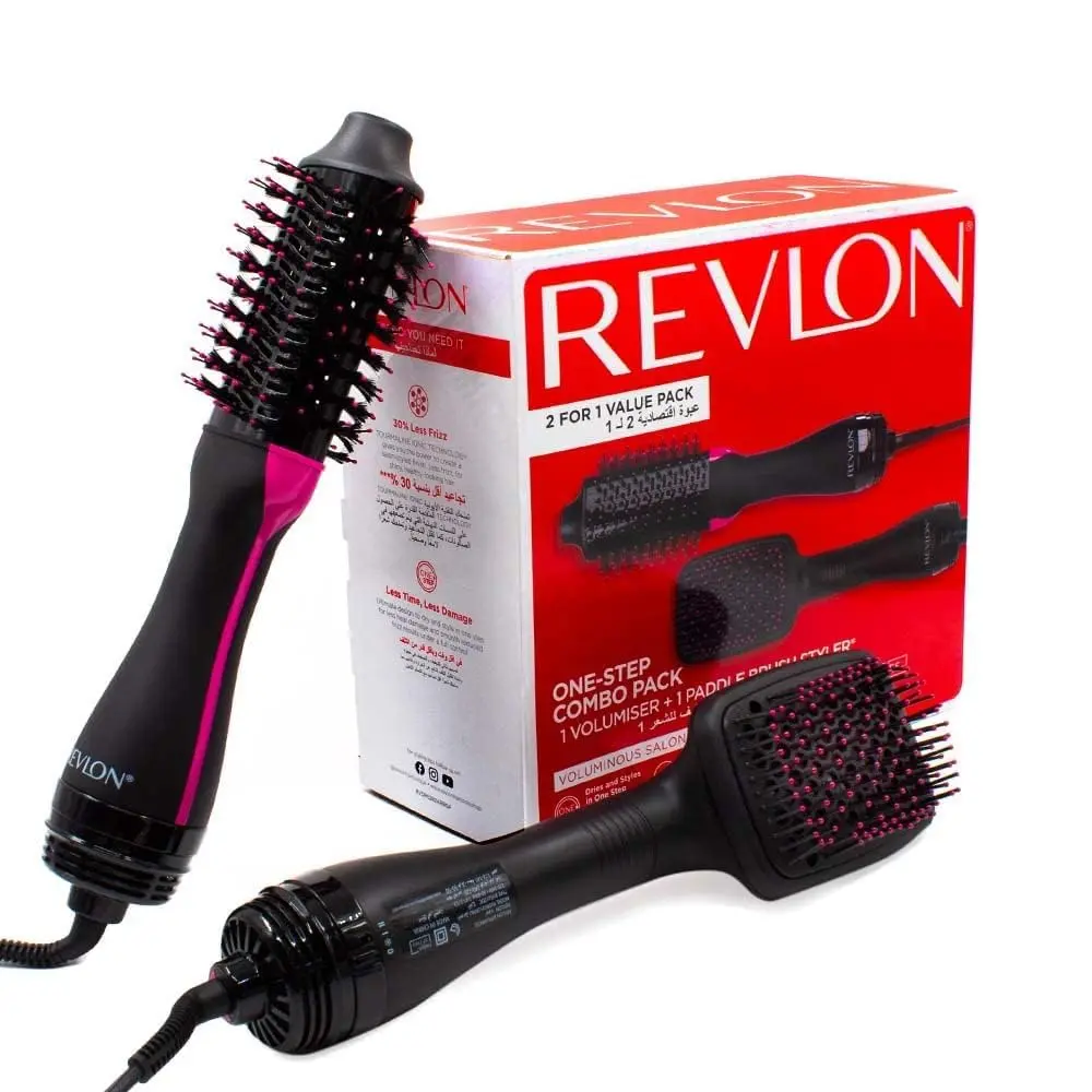 Black Revlon One-Step hair dryer and volumizer brush quickly dries and styles hair with less frizz, thanks to tourmaline ionic technology.