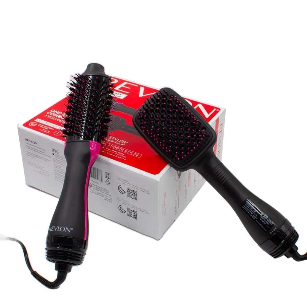 Black Revlon One-Step hair dryer and volumizer brush quickly dries and styles hair with less frizz, thanks to tourmaline ionic technology.