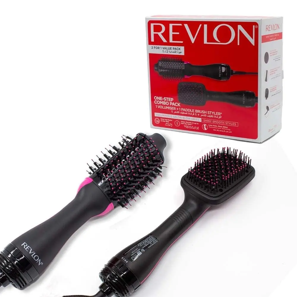 Black Revlon One-Step hair dryer and volumizer brush quickly dries and styles hair with less frizz, thanks to tourmaline ionic technology.