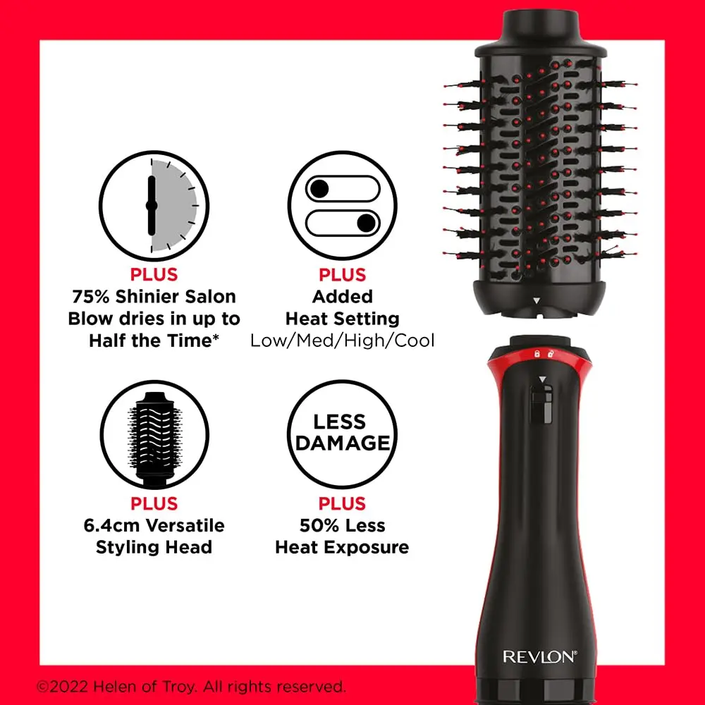 The Revlon One-Step Volumizer PLUS hair dryer and styler, featuring a detachable head, activated charcoal pins, and tourmaline ionic technology for creating voluminous, salon-style blowouts with less heat damage.