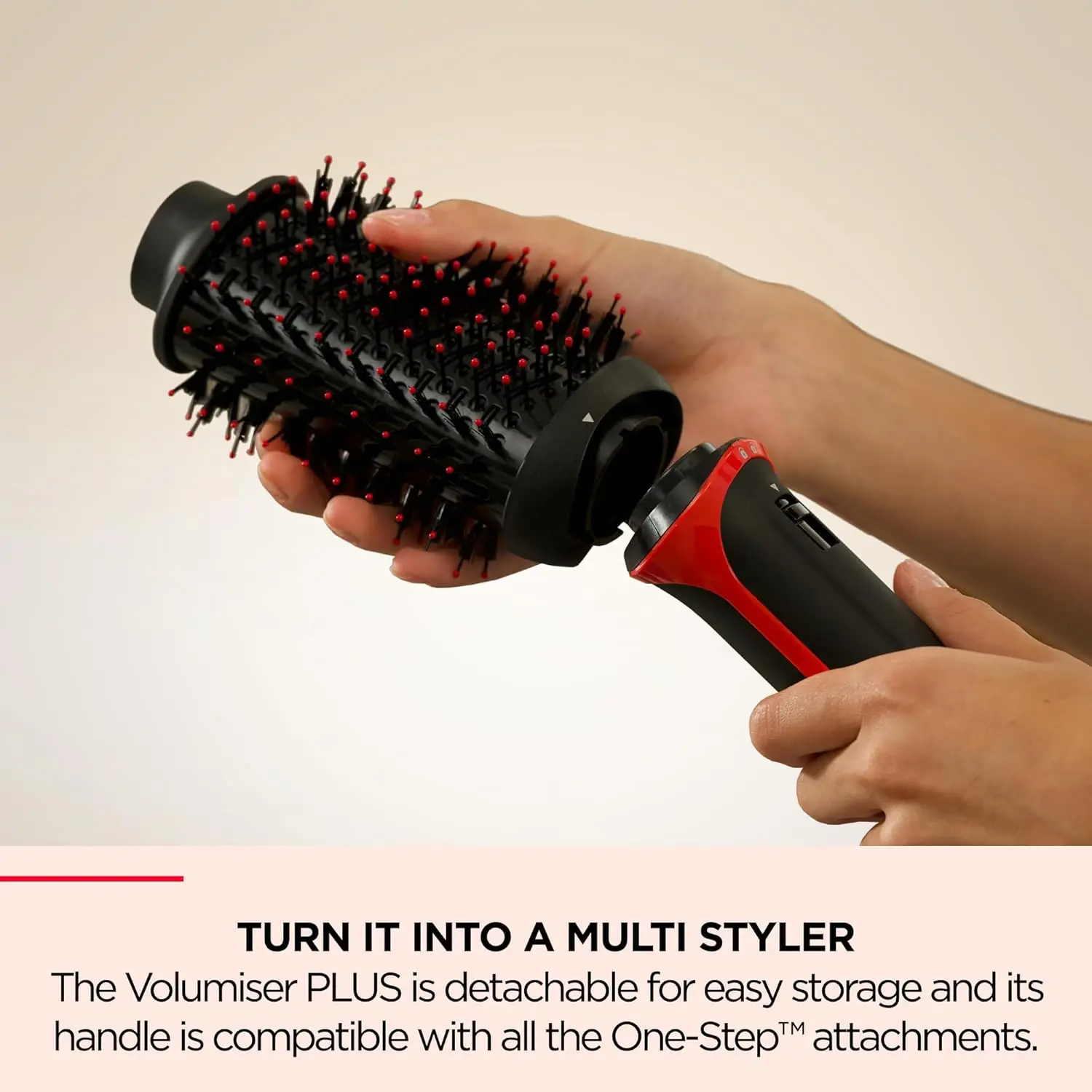 The Revlon One-Step Volumizer PLUS hair dryer and styler, featuring a detachable head, activated charcoal pins, and tourmaline ionic technology for creating voluminous, salon-style blowouts with less heat damage.