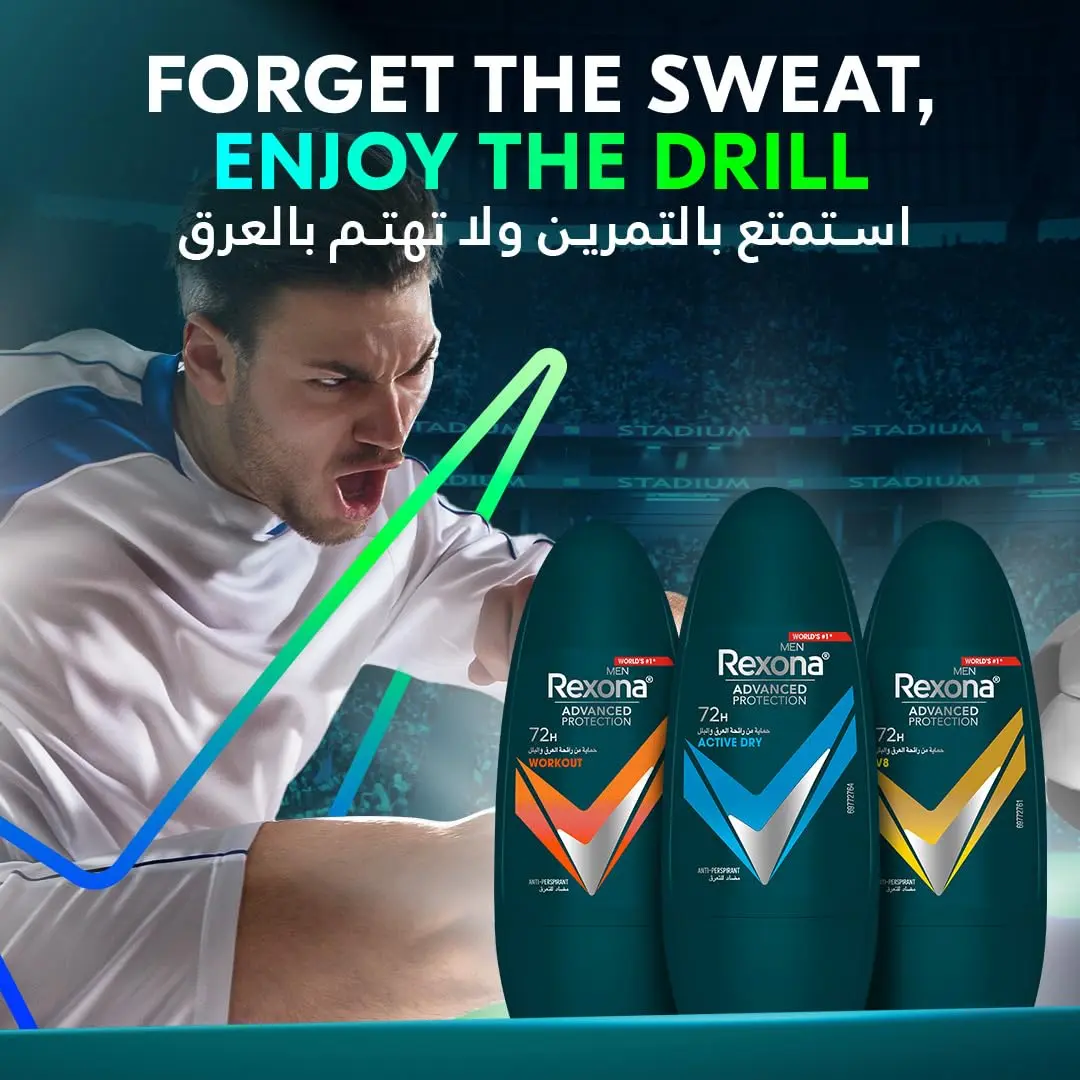 Rexona Men Active Dry antiperspirant deodorant roll on offers 72-hour sweat and odor protection with MotionSense technology for all day freshness.
