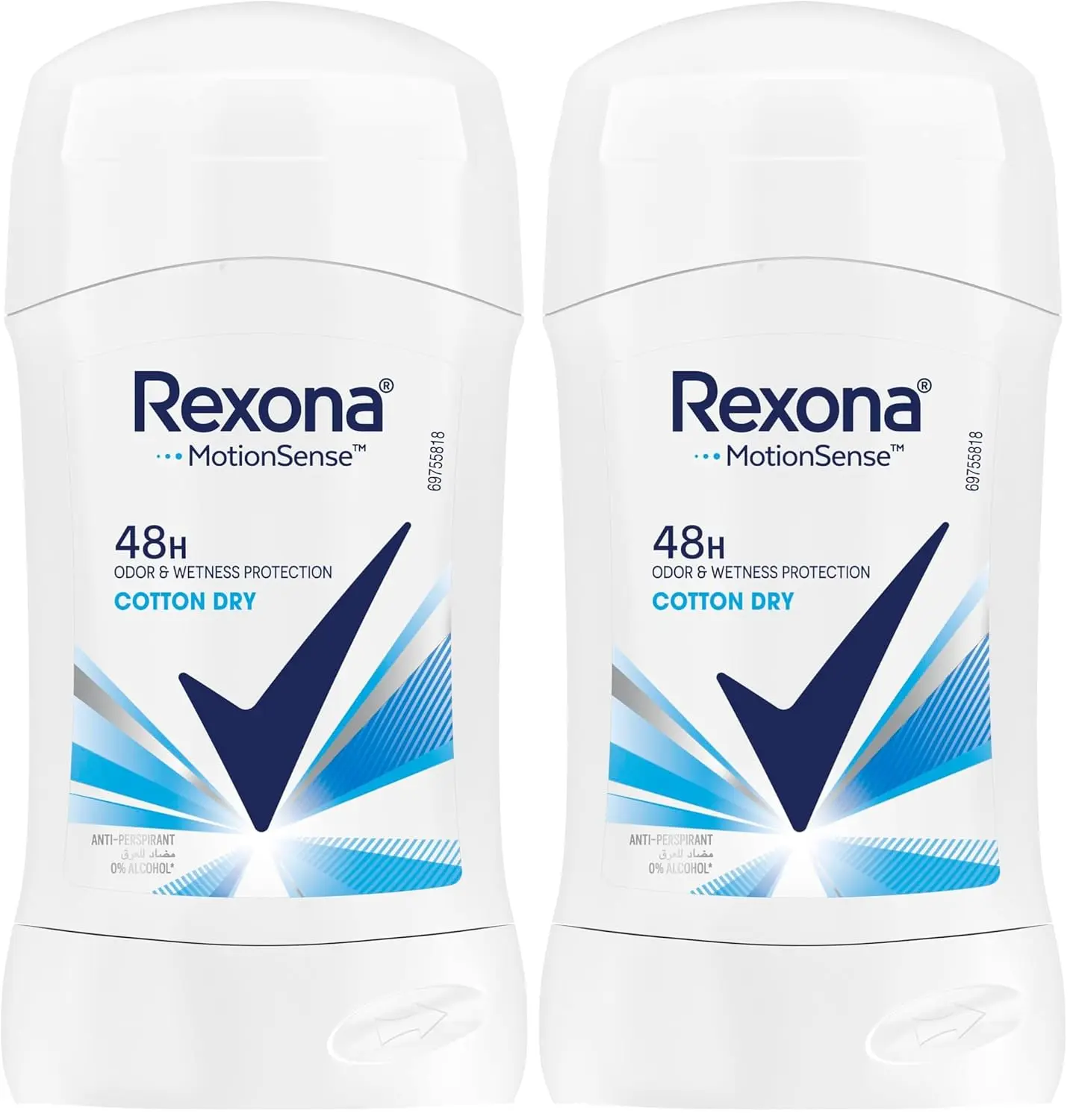 Rexona Women Antibacterial + Invisible Antiperspirant Deodorant Stick provides 48-hour sweat and odor protection with Motionsense technology.