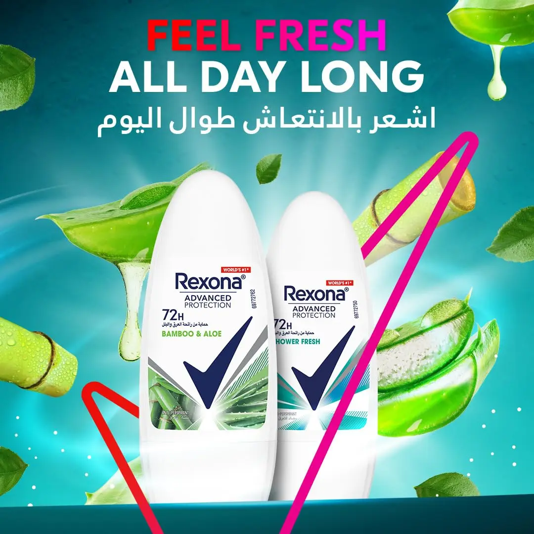 Rexona Women Shower Fresh Antiperspirant Deodorant Roll On provides 72-hour sweat and odor protection with MotionSense technology for long-lasting freshness.