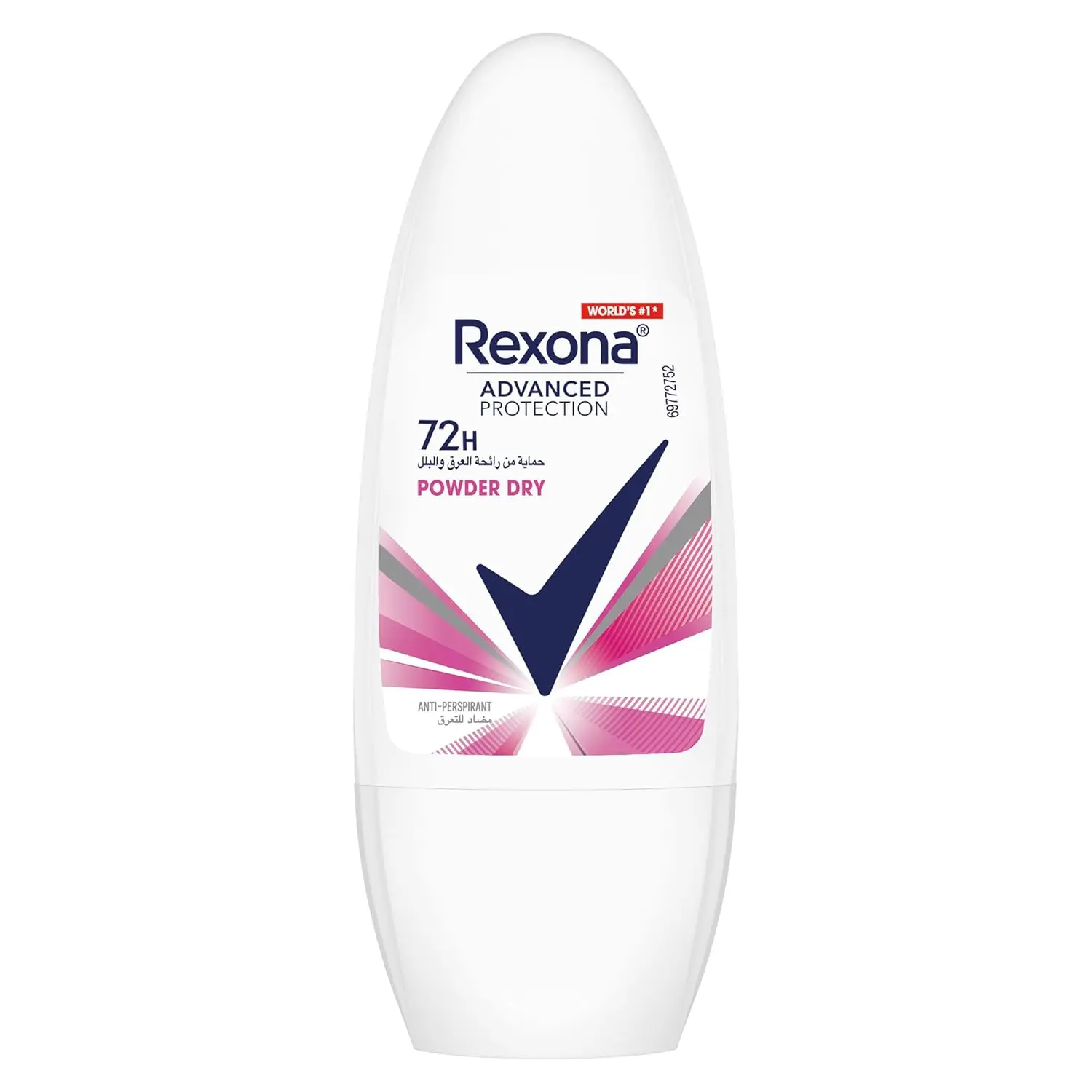 Rexona Women Powder Dry Antiperspirant Deodorant Roll On provides 72-hour sweat and odor protection with MotionSense technology for all-day freshness.