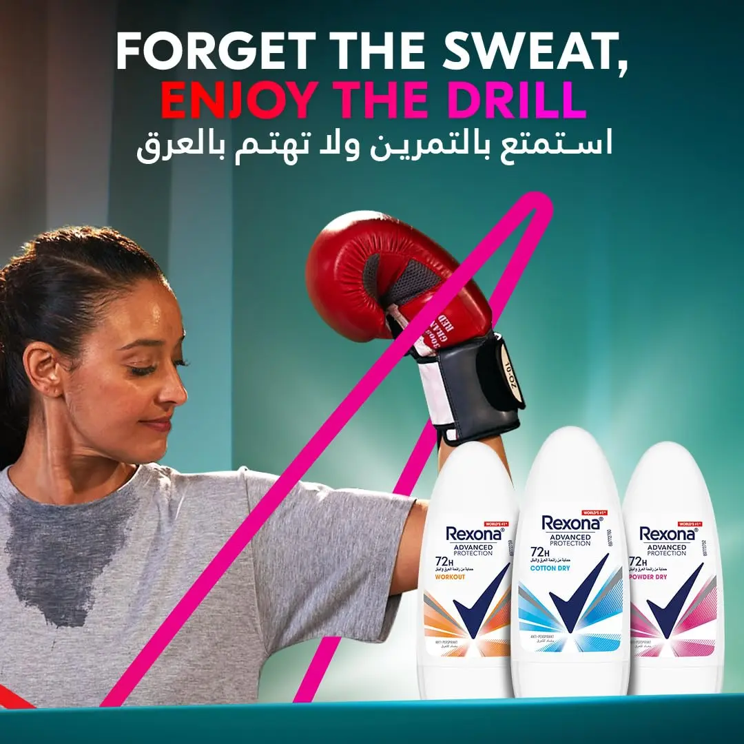 Rexona Women Powder Dry Antiperspirant Deodorant Roll On provides 72-hour sweat and odor protection with MotionSense technology for all-day freshness.