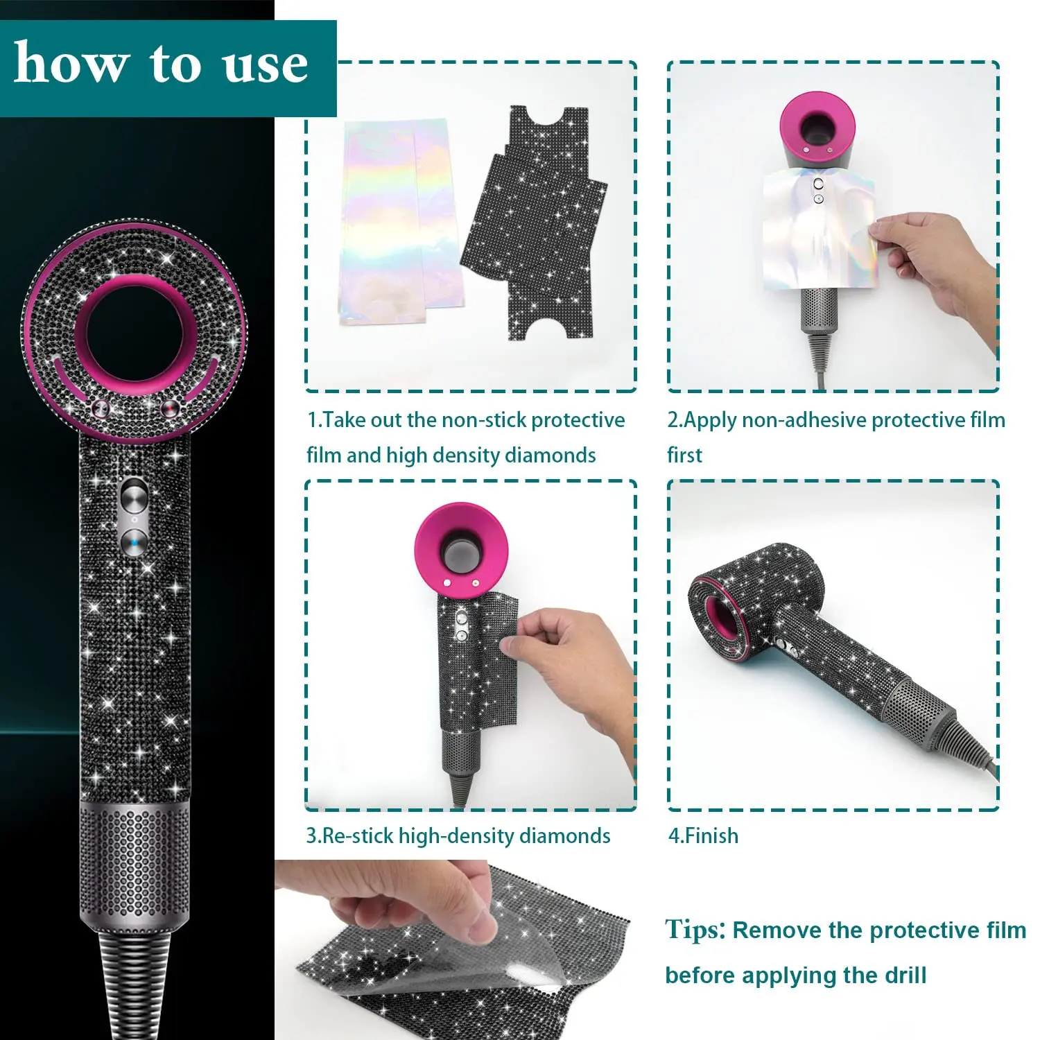 Bling black rhinestone case cover for Dyson Supersonic hair dryer, providing anti-scratch, shockproof, and dustproof protection during travel and storage.