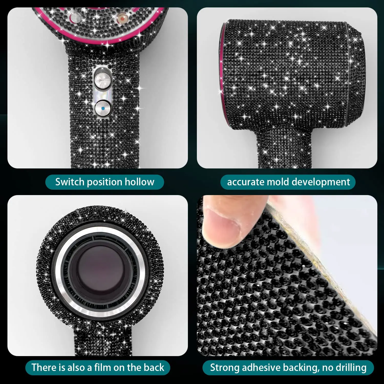 Bling black rhinestone case cover for Dyson Supersonic hair dryer, providing anti-scratch, shockproof, and dustproof protection during travel and storage.