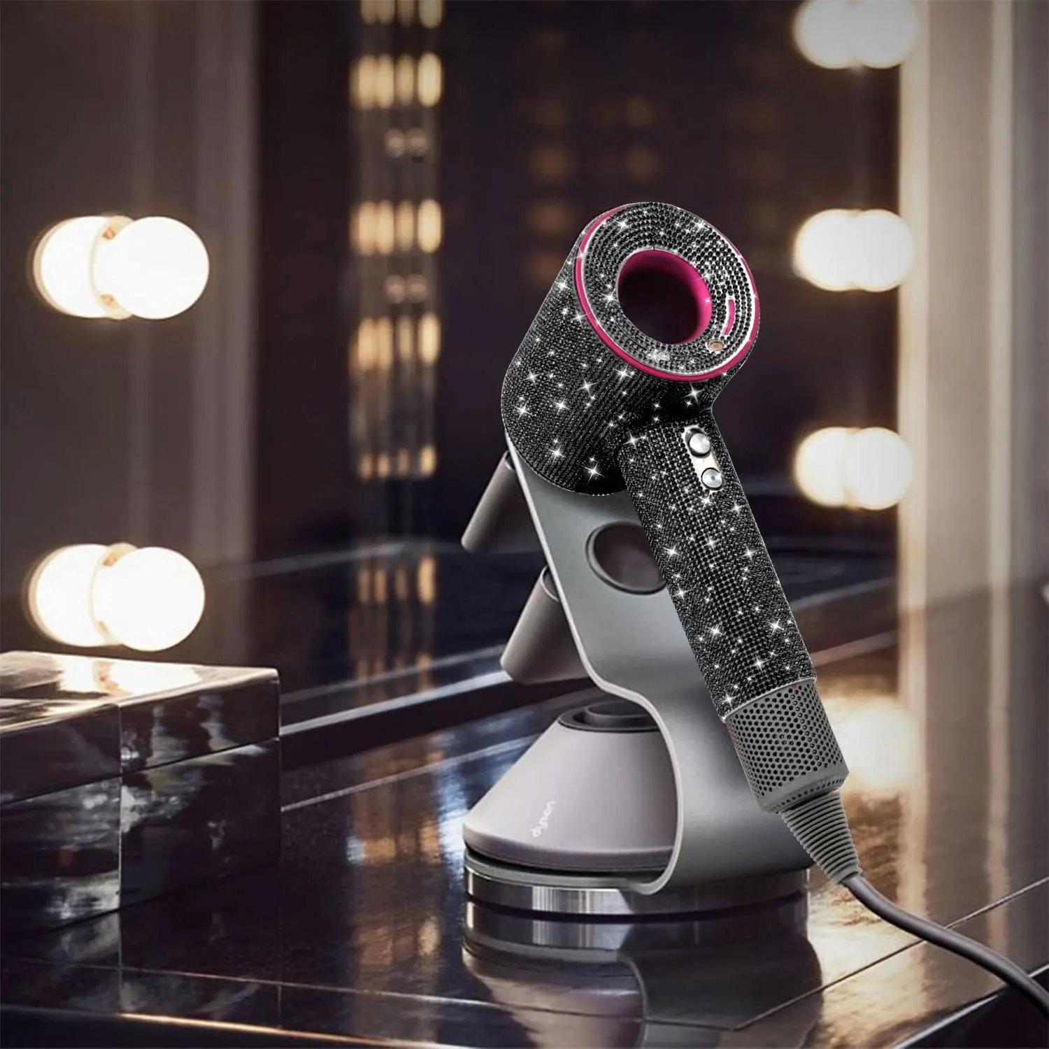 Bling black rhinestone case cover for Dyson Supersonic hair dryer, providing anti-scratch, shockproof, and dustproof protection during travel and storage.