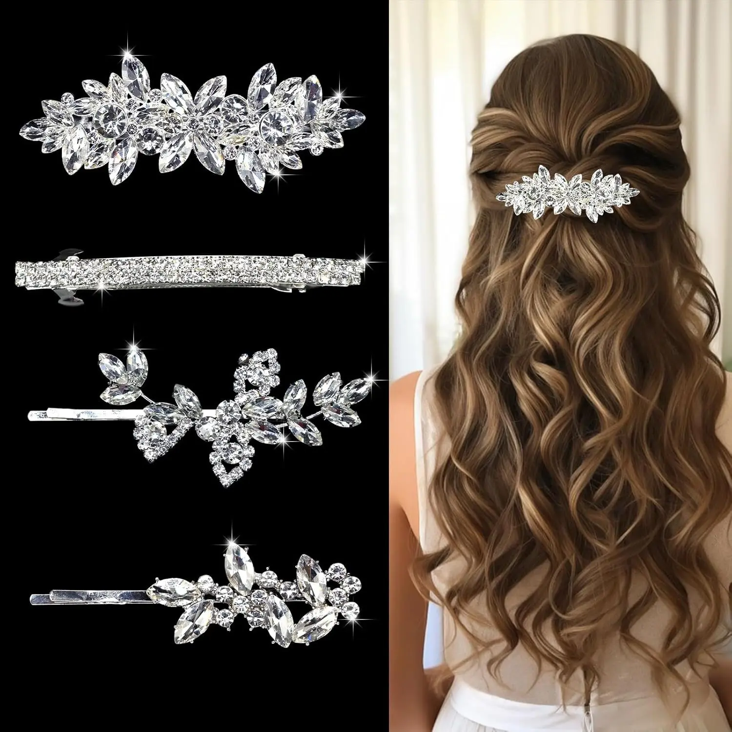 This set features four elegant silver hair clips adorned with shimmering rhinestones and delicate pearls, perfect for adding a touch of sparkle to bridal hairstyles, updos, and other special occasion looks.