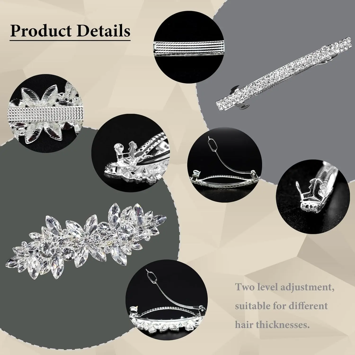This set features four elegant silver hair clips adorned with shimmering rhinestones and delicate pearls, perfect for adding a touch of sparkle to bridal hairstyles, updos, and other special occasion looks.