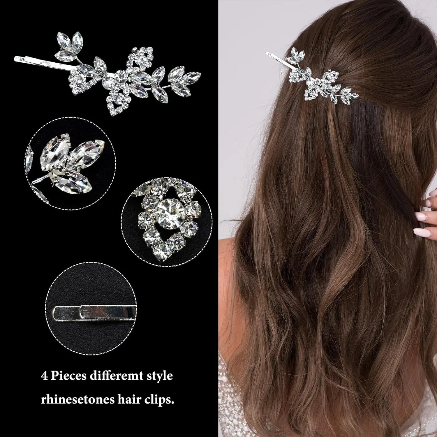 This set features four elegant silver hair clips adorned with shimmering rhinestones and delicate pearls, perfect for adding a touch of sparkle to bridal hairstyles, updos, and other special occasion looks.