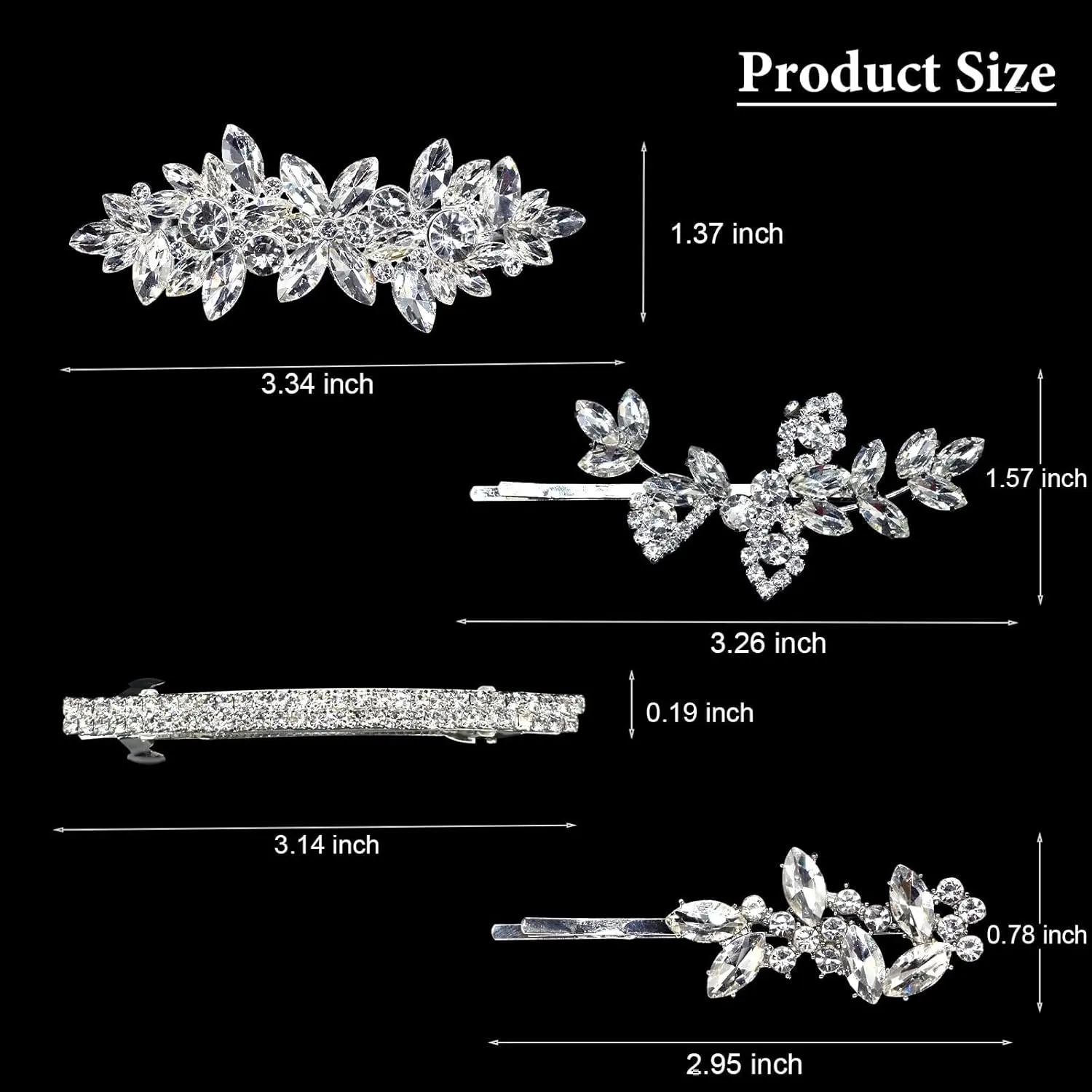 This set features four elegant silver hair clips adorned with shimmering rhinestones and delicate pearls, perfect for adding a touch of sparkle to bridal hairstyles, updos, and other special occasion looks.
