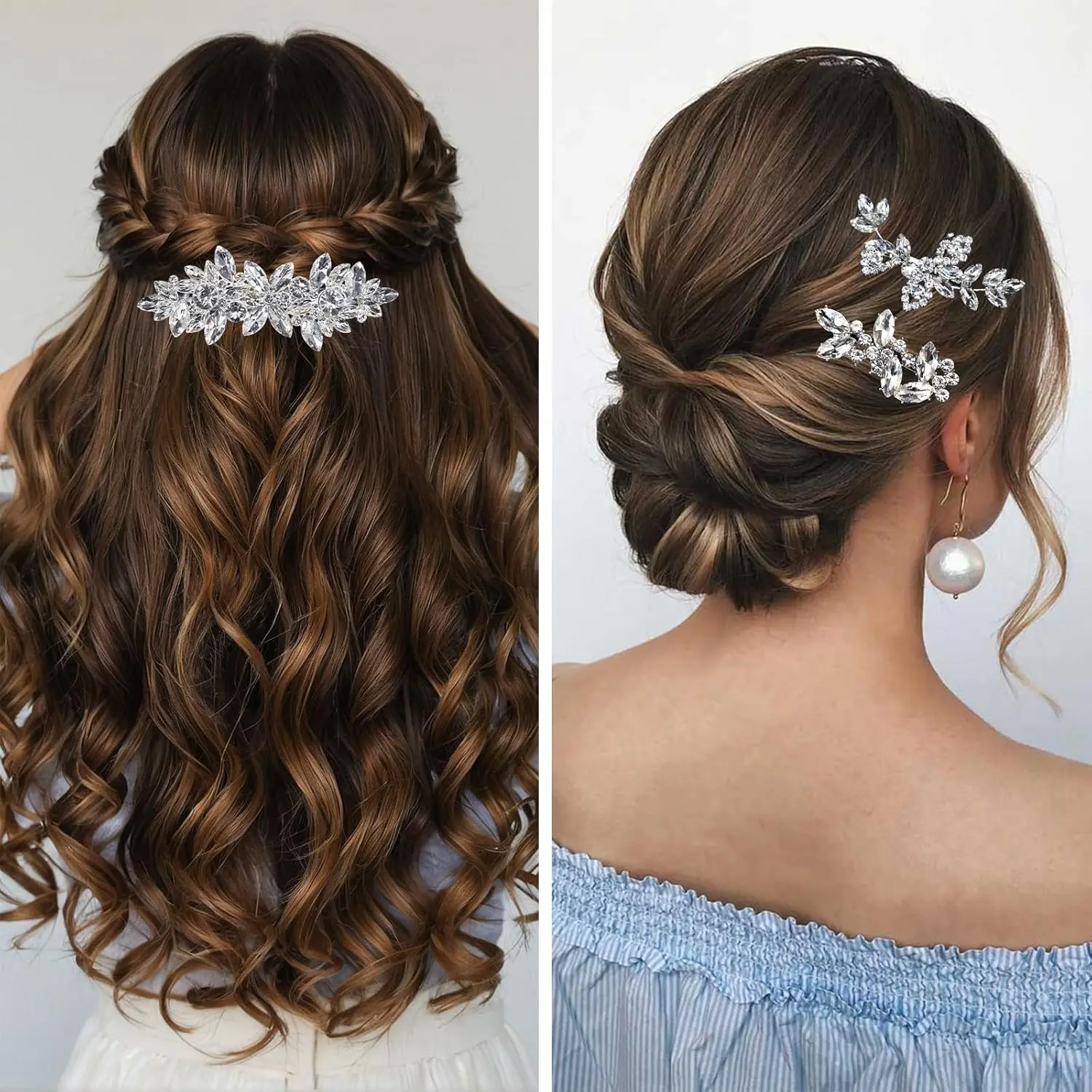 This set features four elegant silver hair clips adorned with shimmering rhinestones and delicate pearls, perfect for adding a touch of sparkle to bridal hairstyles, updos, and other special occasion looks.