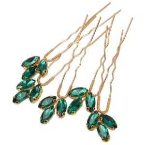 This image shows five vintage green rhinestone hair pins, perfect for weddings, parties, and bridal hairstyles, offering women and girls an exquisite and lightweight hair accessory choice.