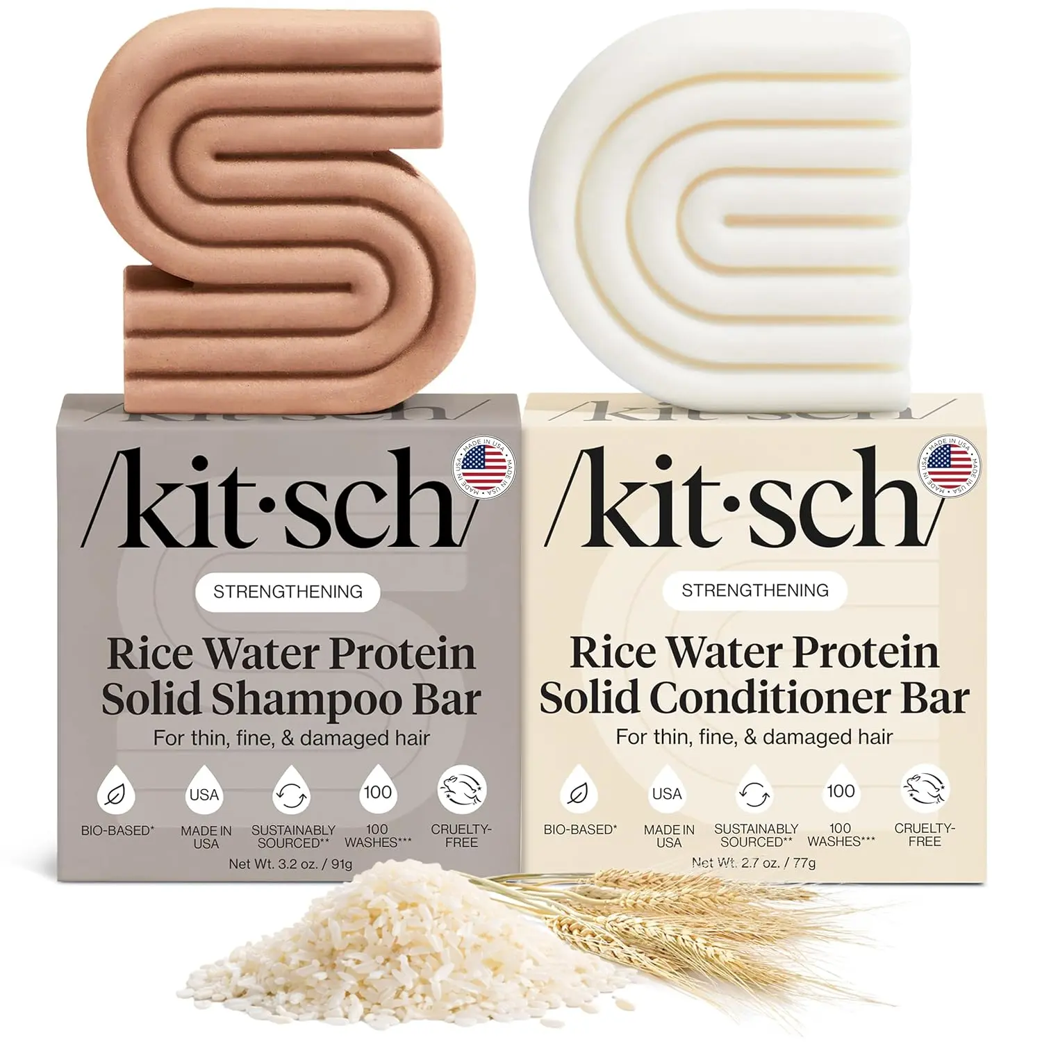 Kitsch rice water shampoo and conditioner bar set nourishes hair for strength, cleansing, moisturizing, and shine, perfect for all hair types and travel.