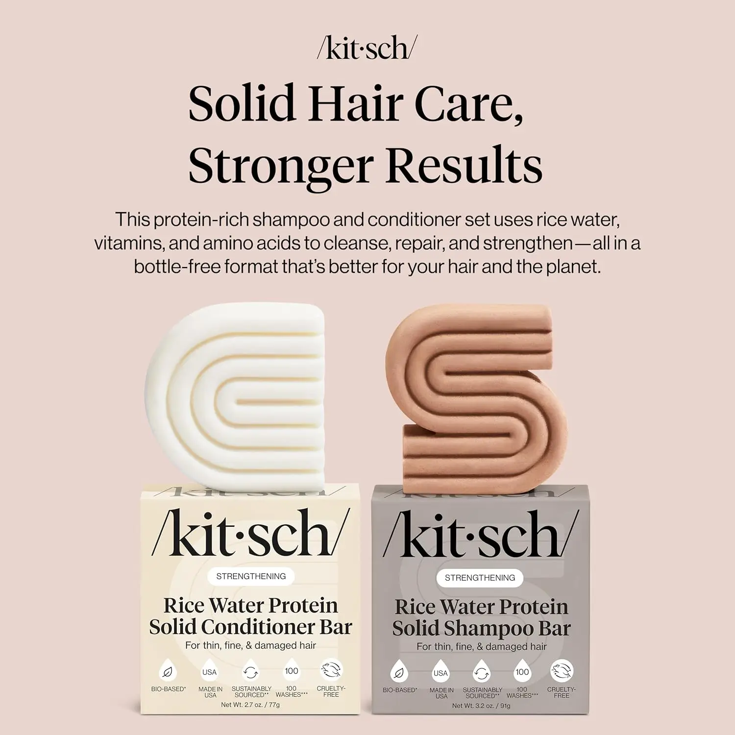 Kitsch rice water shampoo and conditioner bar set nourishes hair for strength, cleansing, moisturizing, and shine, perfect for all hair types and travel.