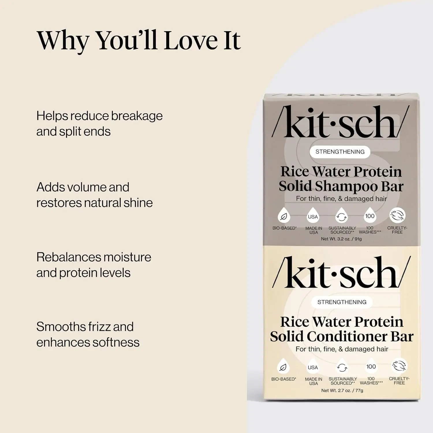 Kitsch rice water shampoo and conditioner bar set nourishes hair for strength, cleansing, moisturizing, and shine, perfect for all hair types and travel.