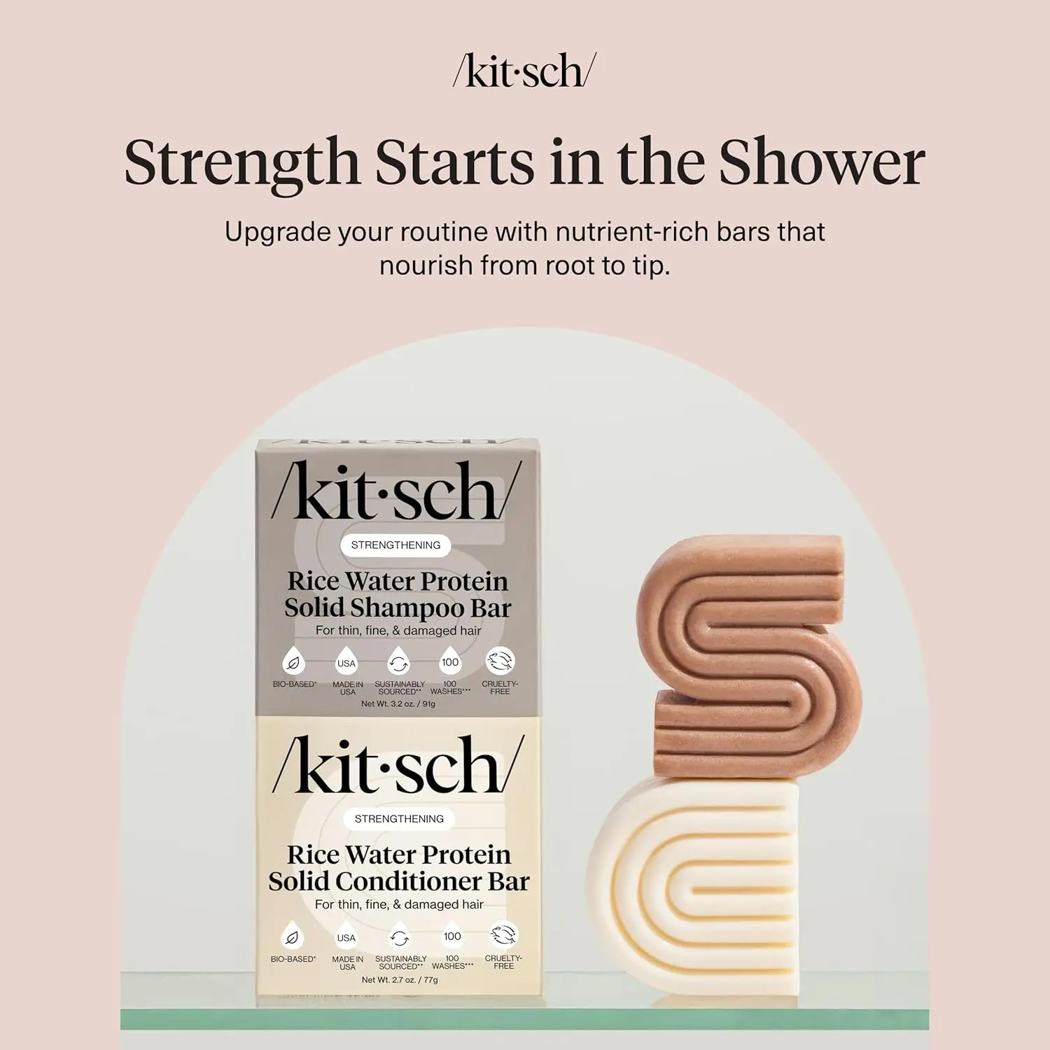 Kitsch rice water shampoo and conditioner bar set nourishes hair for strength, cleansing, moisturizing, and shine, perfect for all hair types and travel.