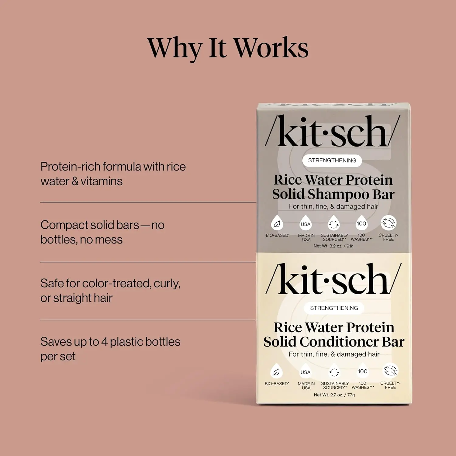Kitsch rice water shampoo and conditioner bar set nourishes hair for strength, cleansing, moisturizing, and shine, perfect for all hair types and travel.