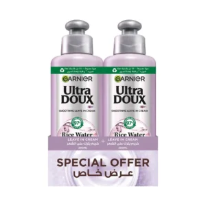 Garnier Ultra Doux rice water and starch infusion leave-in replumps long, dull hair, providing up to 72 hours of shine, smoothness, and anti-frizz.