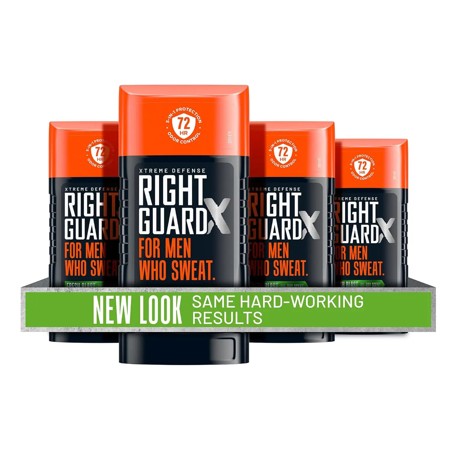 This image shows a four-pack of Right Guard Xtreme Defense Invisible Solid Antiperspirant & Deodorant in Fresh Blast scent, offering 72-hour odor control and long-lasting sweat protection for men.