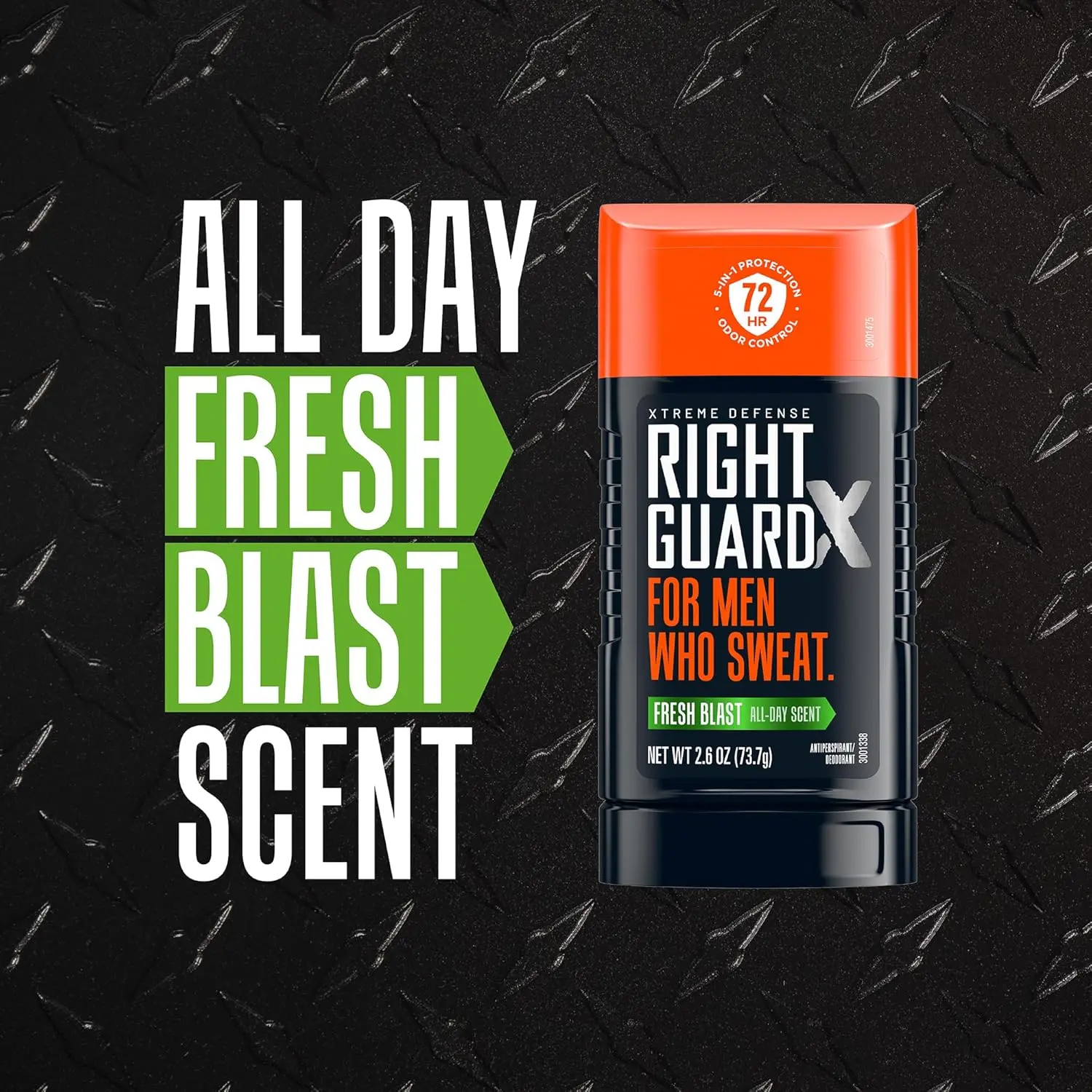 This image shows a four-pack of Right Guard Xtreme Defense Invisible Solid Antiperspirant & Deodorant in Fresh Blast scent, offering 72-hour odor control and long-lasting sweat protection for men.