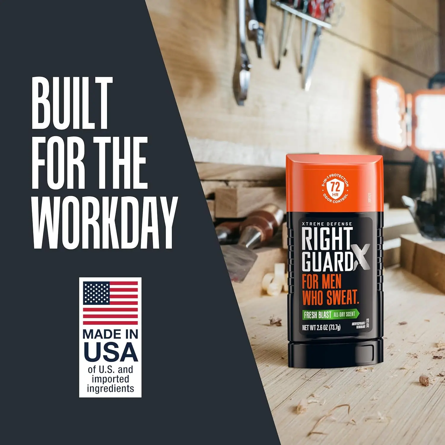 This image shows a four-pack of Right Guard Xtreme Defense Invisible Solid Antiperspirant & Deodorant in Fresh Blast scent, offering 72-hour odor control and long-lasting sweat protection for men.