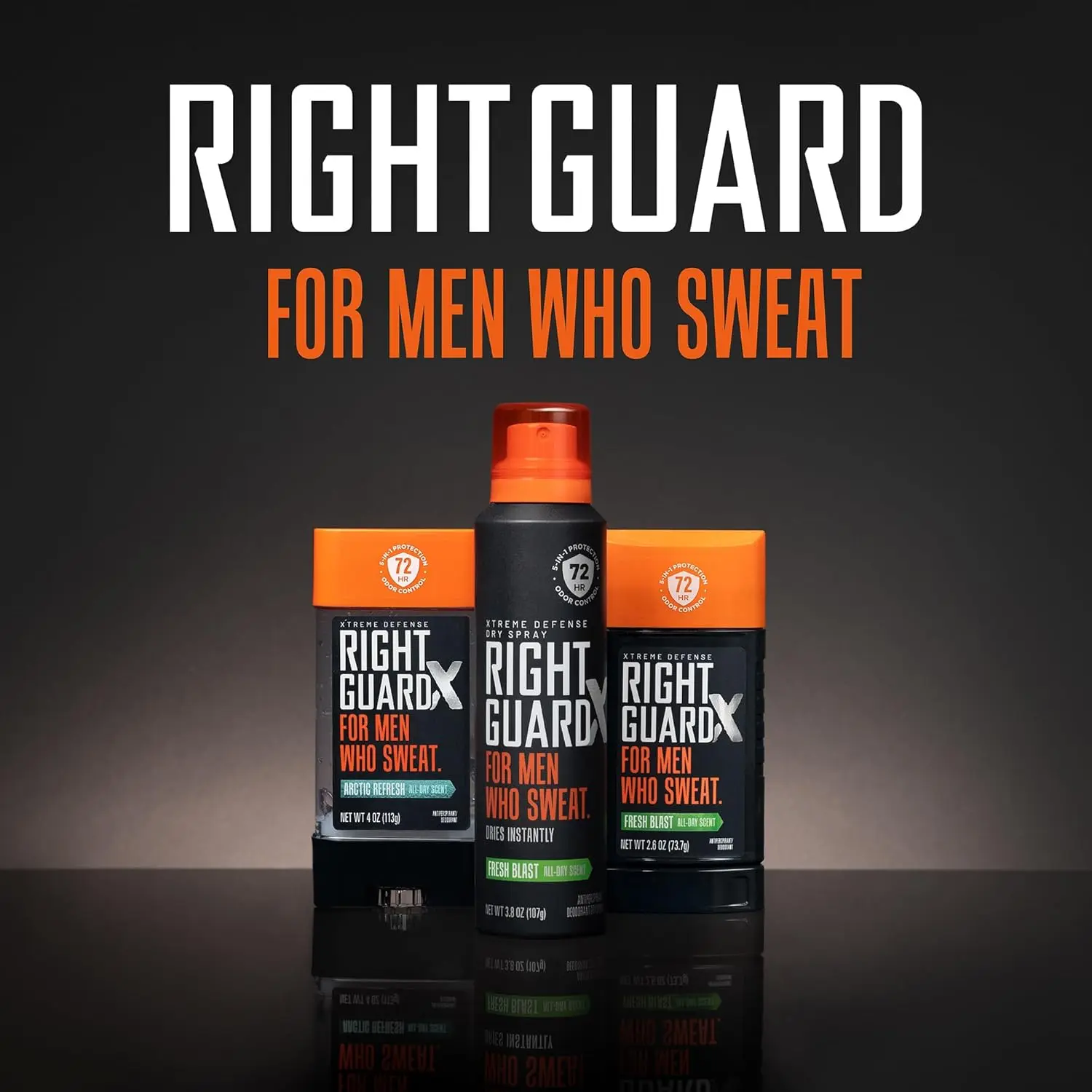 This image shows a four-pack of Right Guard Xtreme Defense Invisible Solid Antiperspirant & Deodorant in Fresh Blast scent, offering 72-hour odor control and long-lasting sweat protection for men.