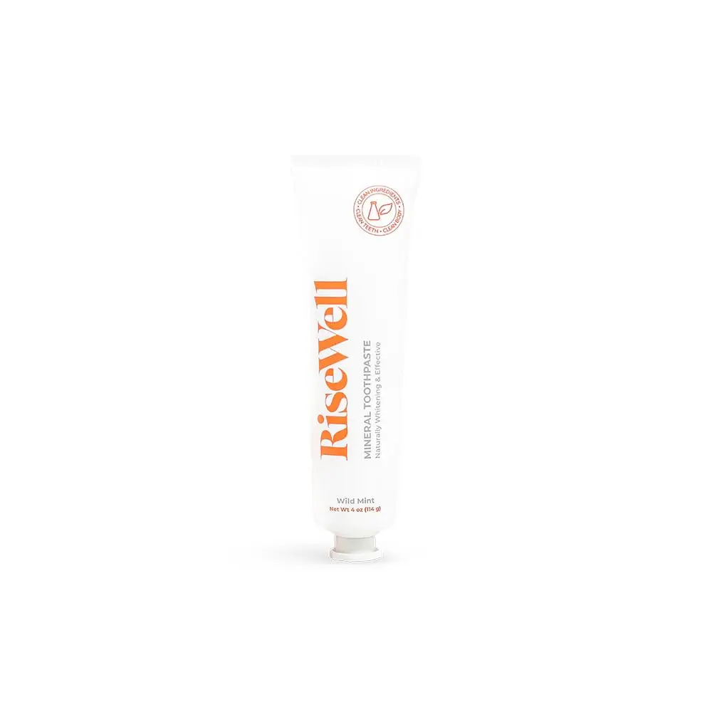 RiseWell mint flavored hydroxyapatite toothpaste provides natural teeth remineralization, enamel strengthening, and gentle whitening without fluoride or SLS.